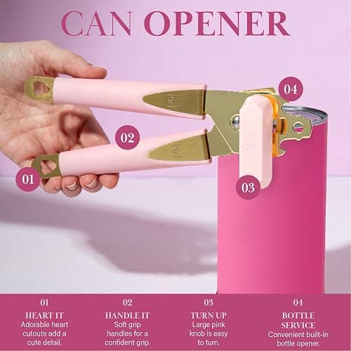 Paris Hilton Can Opener with Built-In Bottle Opener, Easy-Turn Knob & Soft-Grip Handles for Iconic Kitchen Convenience, Pink and Gold thumbnail 2