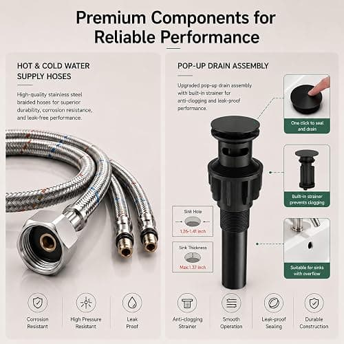 VOTON Black Bathroom Faucets Modern Waterfall Bathroom Sink Faucet Matte Black Single Handle Bathroom Faucet for 1 or 3 Holes with Deck Plate and Pop-Up Drain, Rv Sink Camper Farmhouse Bathroom Faucet thumbnail 5