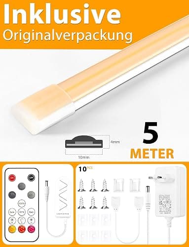 Lamomo COB LED Streifen, Warmweiss Dimmbar 5M LED Strip, Wasserdicht 3000K Neon Led Leiste mit Fernbedienung, 10mm Breit, Silikon Flexibel Lichtleiste für Schlafzimmer Innen Außen Küche Deko, CRI90+ thumbnail 8