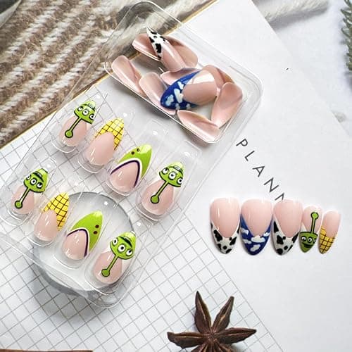 Halloween Press on Nails Almond Shape Fake Nails Green Acrylic Nails French Tip False Nails Clouds Cow Pattern Design Cute Stick on Nail Full Cover Glossy Glue on Nail for Women Manicure thumbnail 4