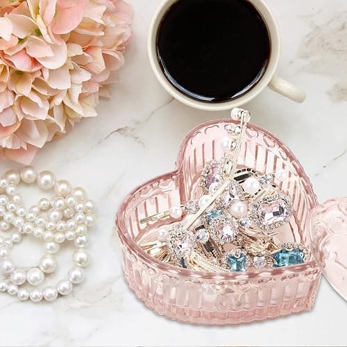 WHSLILR Glass Jewelry Box Heart Shape Cute Box for Storage Ring Earring Trinket Vintage Jewelry Organizer Decorative Gift for Women Girls-GRB003-Pink - pink-heart - Small thumbnail 7