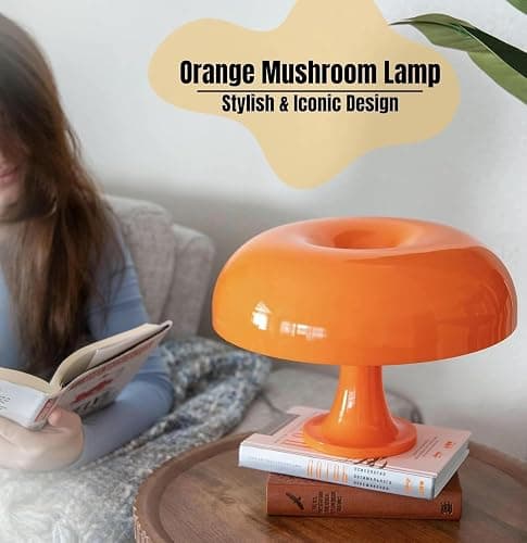 KONTARBOOR Lampe de Table LED - Champignon Vintage – Abat-Jour Orange Laqué, Style Rétro, USB, Interrupteur Rotatif, Décoration Salon ou Chambre thumbnail 3