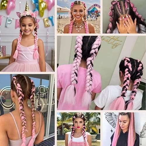 Lalridio Pink Fashion Tinsel Ponytail Extensions for Women Girls Hair Accessories Synthetic Braiding Ponytail Hair Pieces With Rubber Band Party Festival Halloween Rave Wacky Crazy Pony tail 20 inch thumbnail 3