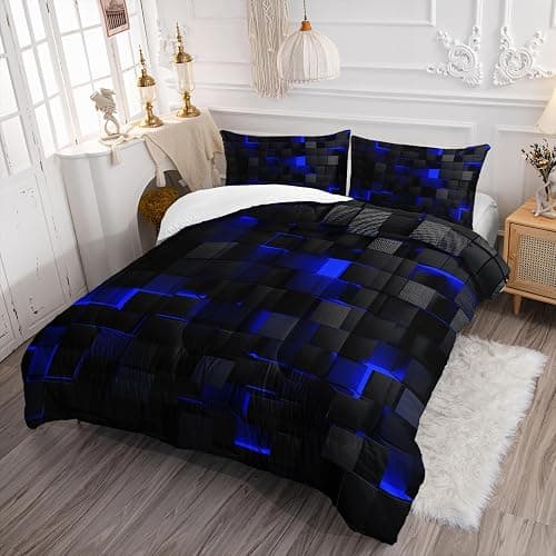 Nttopship Geometric Blue Black Comforter Set,Light Honeycomb 3 Piece Bedding Set Twin Size for Teen Boys,Modern Quilt Set Geometry Decor,Microfiber Lightweight 1 Comforter 2 Pillowcases All Season - Blue - Twin thumbnail 3