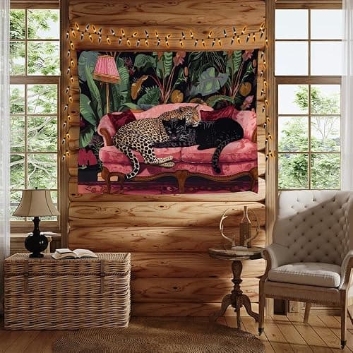 Maximalist Eclectic Cheetah Tapestry Wall Hanging Snuggly Leopard Panther In a Vintage Couch Prints Tapestries Leopard Bedroom Dorm Living Room Wall Decor 30x40inchwhite thumbnail 4