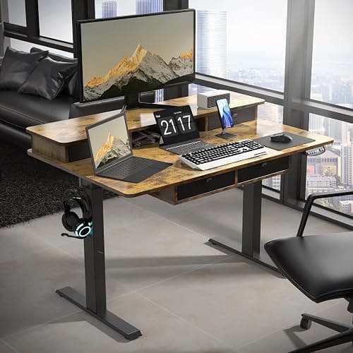 ExaDesk 48 * 30 Inches Electric Standing Widened Desk Adjustable Height with 4 Drawers, Double Storage Shelves Stand Up Desk, Home Office Workstation Sit Stand up Desk (Rustic Brown) - Rustic Brown - 48*30 inch thumbnail 8