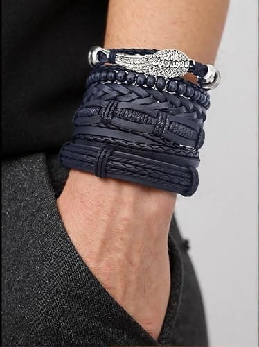 EOQIFJM 8Pcs Punk Leather Bracelet Set for Men & Women, 6Pcs Braided PU Cuffs, Necklace & Keychain, Adjustable, Stackable thumbnail 2