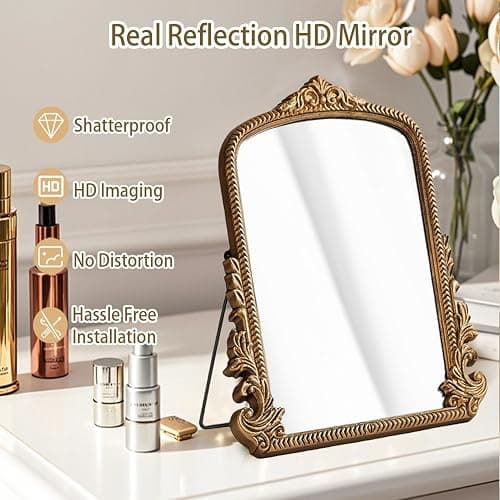 Small Vintage Vanity Makeup Desk Mirror, Antique Traditional Arch Table Mirror in Gold, Decorative Wood Carved Mirror for Living Room Bedroom Tabletop 11.8" x 9.6" thumbnail 6
