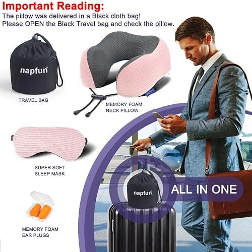 napfun Neck Pillow for Traveling, Upgraded Travel Neck Pillow for Airplane 100% Pure Memory Foam Travel Pillow for Flight Headrest Sleep, Portable Plane Accessories, Pink thumbnail 6