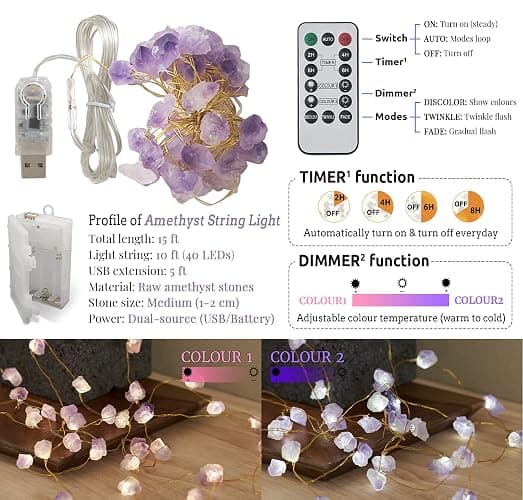 Nature Amethyst Crystal String Lights for Bedroom 10FT 40LEDs USB/Battery Operated Grape Crystal Light Pure Purple Fairy Lights Plug in for Natural Life Cute String Lights for Office thumbnail 2