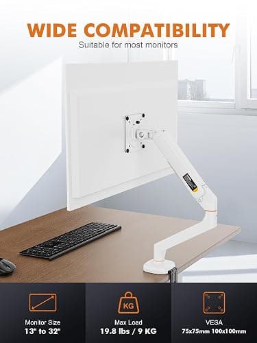 Ibergrif Single Monitor Arm Desk Mount for 13-32 Inch Screen, Ergonomic Height Adjustable Gas Spring Bracket, Tilt, Swivel, Rotation Monitor Stand with Cable Management, VESA 75/100mm, MA001W-White thumbnail 2