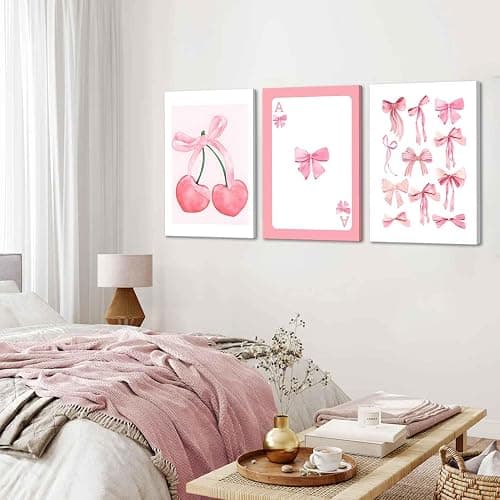 3Pcs Trendy Pink Bows Canvas Wall Art Preppy Watercolor Bows Wall Decor Pictures Girly Coquette Room Decor Aesthetic Posters Prints for College Apartment Bedroom Decoration 16x24in thumbnail 2