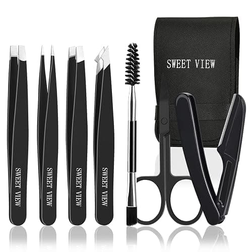 SWEET VIEW 7pcs Eyebrow Tweezers Kit for Women Precision Plucker with Brow Scissors & Razor & Spoolie for Facial, Chin, Brow, Splinter and Ingrown Hair - Image 1