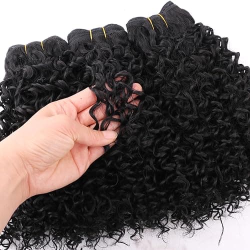 REYNA Synthetic Hair Weave Afro Kinky Curly Hair Bundles 10 Inches 3 Bundles Short Natural Black Jerry Curly Weave Extensions for Black Women(10 10 10 Inch 1B#) thumbnail 3