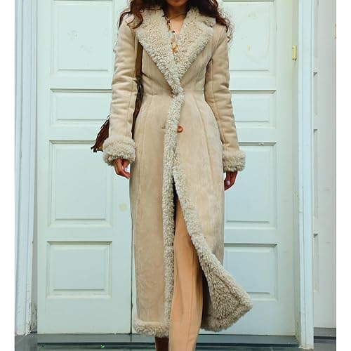 Qesulk Long Winter Coats for Women Fleece Fuzzy Long Coat Sherpa Lined Trench Coat Faux Suede Jacket Business Casual Overcoat thumbnail 6