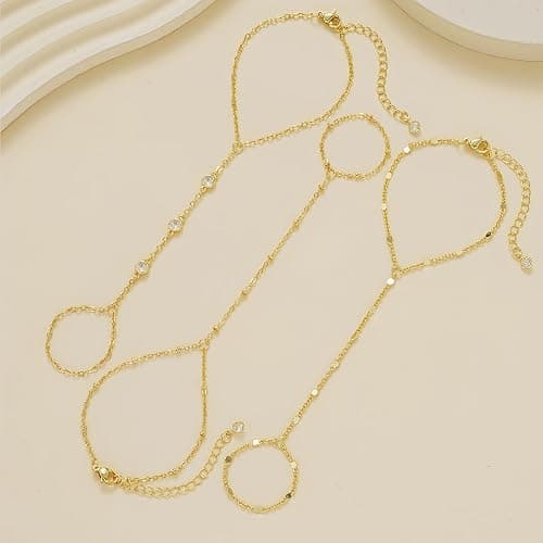 3PCS 14K Gold-Plated Hand Chain Bracelets for Women, Stack Bracelets Set Adjustable, Trendy Dainty Ring Bracelet Hand Chain thumbnail 9