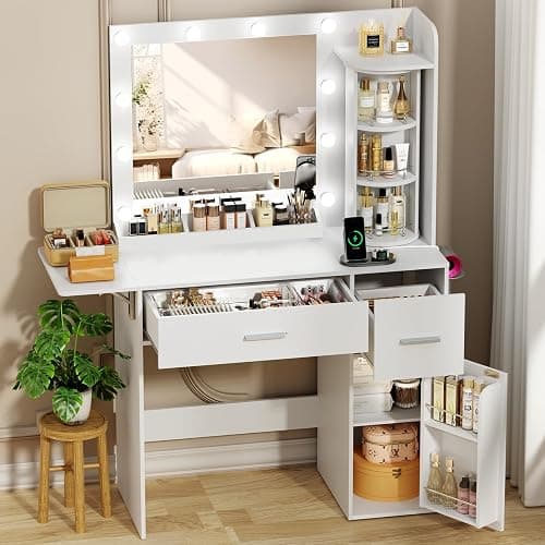 EasyCom Vanity Desk with Rotating Jewelry Organizers, Makeup Vanity with Mirror and Lights, Dressing Table with USB-C Charging Station, 2 Drawers and 1 Cabinets for Bedroom, Dressing Room, White - Image 1