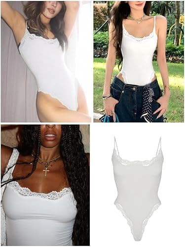 Starrylion Lace Body Suit Square Neck Tops for Women Sleeveless Spaghetti Strap Tank Top Bodysuits for Women Sexy Jumpsuit thumbnail 3