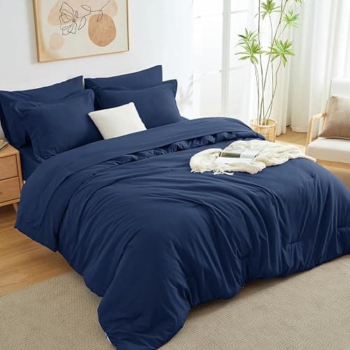 HIMEET Full Size Comforter Sets - 7 Pieces Navy Bed in a Bag, Soft Lightweight Bedding Set, All Season Bed Set with Comforter, Flat Sheet, Fitted Sheet, Pillowcases & Pillow Shams - Image 1