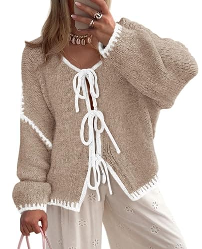 Women's Tie Front Bow Cardigan Sweaters Chunky Knit Long Puff Sleeve Trendy Fall Winter Jacket Coats - Image 1