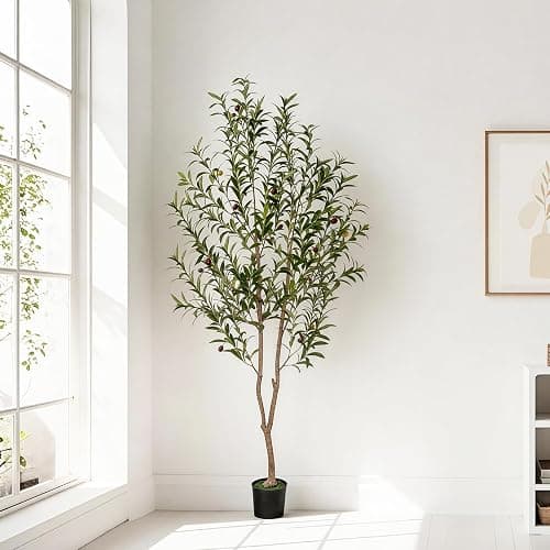 VIVATREES Artificial Olive Tree, 6FT Tall Faux Olive Tree with Pot, Artificial Plants with Natural Wood Trunk and Lifelike Fruits for Home Office Decor - Image 1