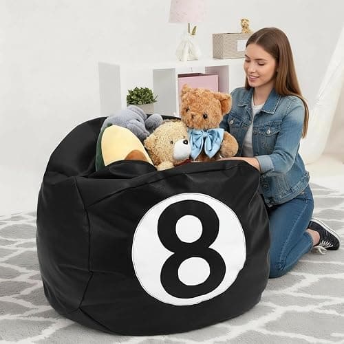 AceOrbit 8 Ball Bean Bag Chair Cover, Prize Gift Plush Toys Organizer, Black PU Leather 8 Ball Stuffed Animal Storage Bean Bag, Billiard Decor for Game Home Dorm Room Living Room (No Filling) thumbnail 8