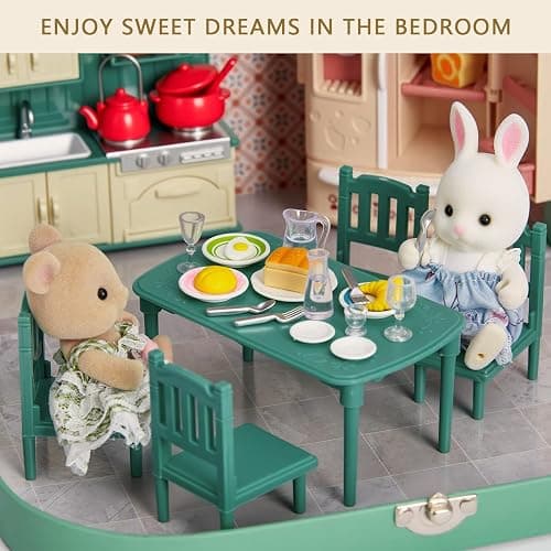 Dollhouse Kitchen Furniture Suitcase Set for Kids, 2 Flexible Dolls/Dining Tble/Kitchenware/Tableware/Refrigerator/Bread, Pretend Play Dollhouse Accessories Christmas Birthday Gift for Girls Ages 3+ thumbnail 6