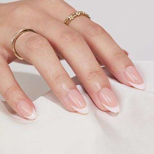 Findigit French Tip Press On Nails Almond - Natural Fake Nail Short with Glue,Supremely Fit & Natural Glue On Nails with Nail in 16 Sizes - 32 Nails Kit,White French thumbnail 3