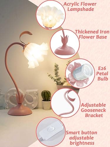 AQDZCNF Flower Table Lamp,LED Reading Light Bedside Vintage Flower Night Light,3 Colors Modes Kawaii Bedside Lamps Decor,Living Room Bedroom Room Lighting Table Lamps Home Decoration (Pink) thumbnail 3