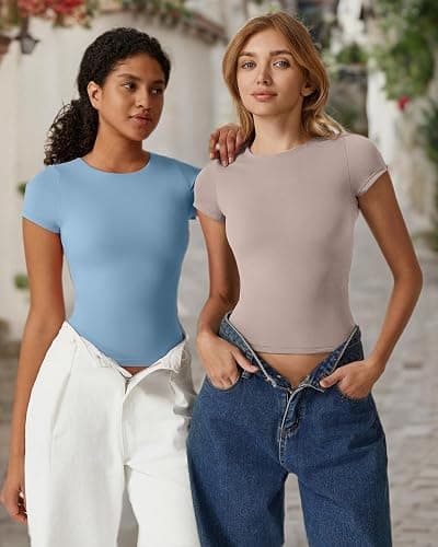 QINSEN Women's Crew Neck Short Sleeve Tees Double Lined Slim Fit T Shirt Basic Y2K Tops thumbnail 7