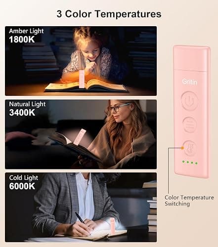 Gritin Book Light Rechargeable, Reading Light Lamp Clip on Books, 3 Eye-Protecting Modes (Mixed/White/Amber), 5 Brightness & Stepless Dimming, Flexible Reading Lamp for Readers- Pink thumbnail 3
