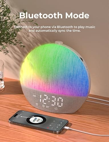 LIORQUE Sunrise Alarm Clock, Digital Alarm Clocks Bedside, Wake up Light with White Noise for Heavy Sleepers, 30 Sleep Sounds, Sleep Timer, Adjustable Volume & Brightness,Screen Free Design, Bluetooth thumbnail 9