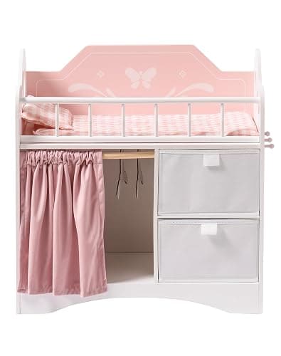 ROBOTIME Baby Doll Crib, Wooden Doll Bed, Toy Baby Crib with Storage, Bedding, and Wooden Hooks, Doll Crib Fits Dolls up to 21", Doll Furniture for American Girls Ages 3+ (Pink) - Pink-Modern - Image 1