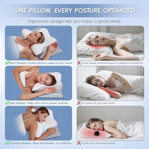 PAYHUIN Cervical Neck Pillow, Memory Foam Pillows for Neck and Shoulder Pain Relief, 2 Heights Ergonomic Pillow with Breathable Ice Silk Cover, Neck Support Pillow for Side Sleepers White thumbnail 6