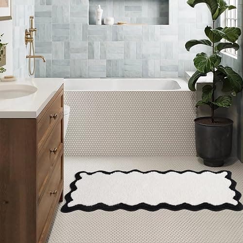 DyeFury Luxury Cute Bathroom Runner Rugs, White Bath Mat W/Black Scalloped Edge, Microfiber Aesthetic Trendy Funky Fun Preppy Rug, Extra Soft Bathroom Mat Non-Slip for Tub, Shower, 47'' x 20'' thumbnail 3