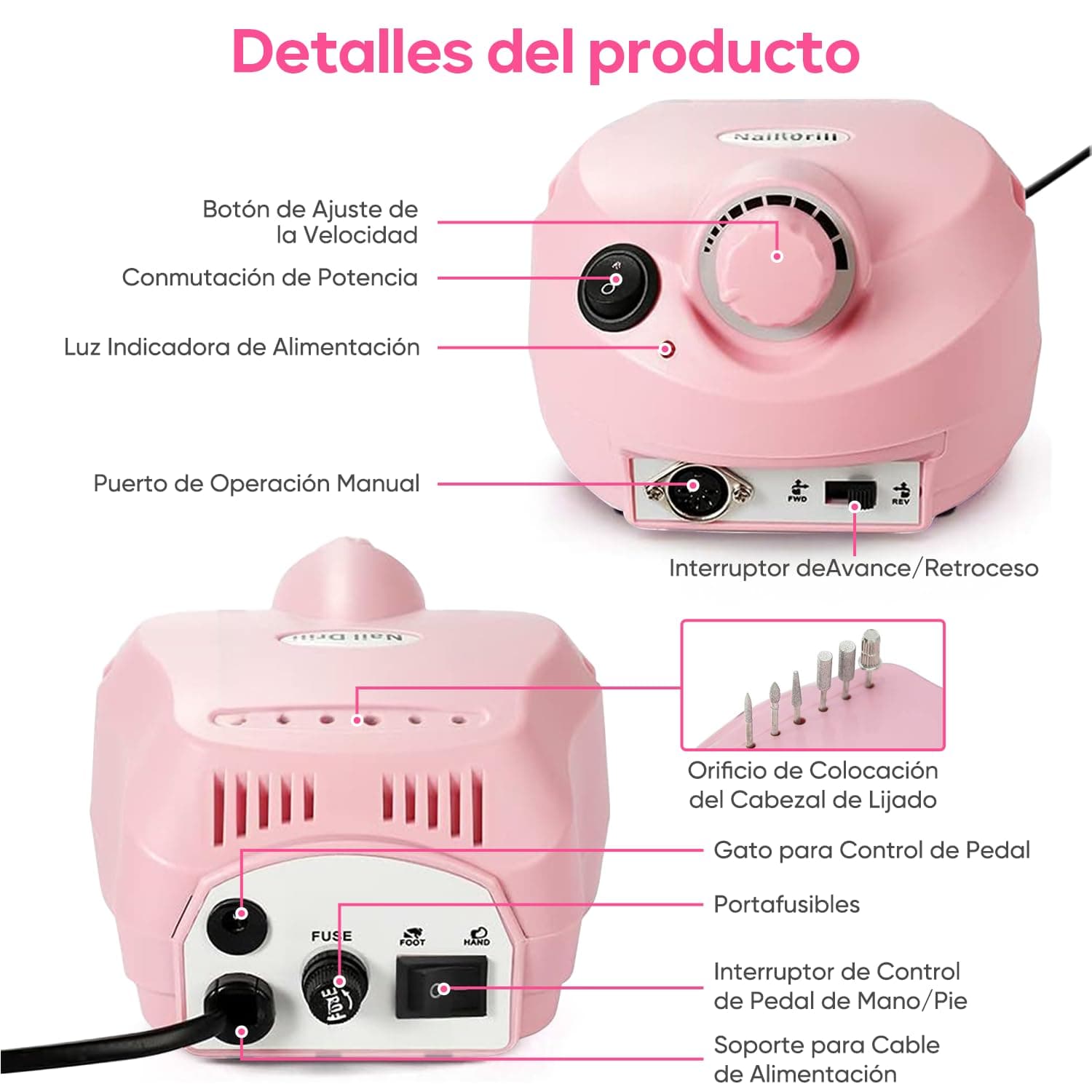 Nail Drill para Uñas Profesional,40000RPM Torno Electrico,para Uñas con 6 Tipos Cabezales de Lijado y Bandas de Lijado,Velocidad Ajustable Máquina de Lima Uñas,Manicura en casa y salón thumbnail 3