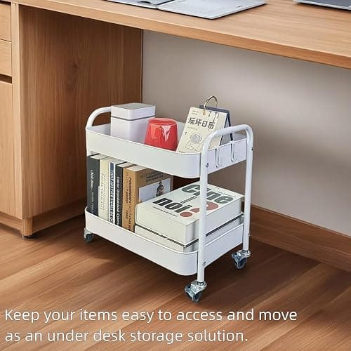 LIWNYRK 2 Tier Metal Rolling Cart with Wheels for Under Desk Storage & Pantry Storage, High Load-Bearing Kitchen Utility Cart for Small Space, Laundry Room Organization Side Table with 4 Hooks, White thumbnail 7