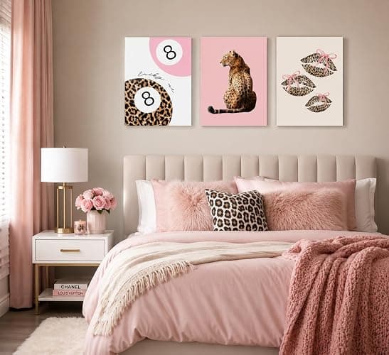 3pcs Pink Cheetah Wall Art Preppy Leopard Wall Decor 12x16in Framed | Leopard Bow Print Painting Lucky 8 Ball Poster Fashion Aesthetic Picture for Girly Bedroom Dorm Apartment thumbnail 3