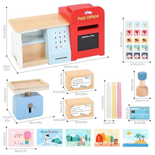 SOKA Wooden Post Office Play Set with Stamps and Mail Creative Pretend Play Toy Role Playset Educational Montessori Developmental Game For Kids Children Boys Girls 3 year old + thumbnail 3