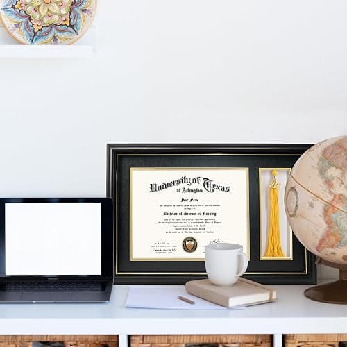 GraduationMall 11x17 Black Wood Diploma Frame with Tassel Holder for 8.5x11 Certificate Document,Real Glass,Black over Gold Mat thumbnail 7