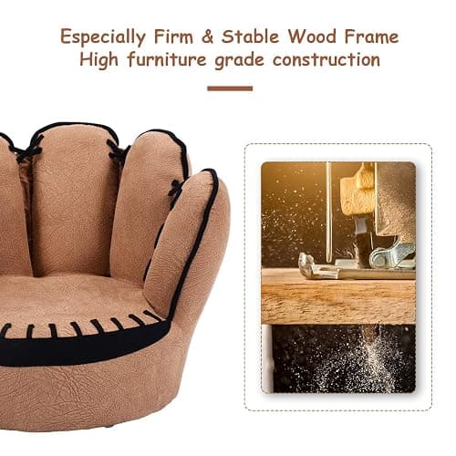 Costzon Kids Couch with Solid Wood Frame & Baseball Glove Design, Children Armchair for Play Room, Nursery, Kindergarten, Kids Room, Gift for Boys & Girls (Brown) thumbnail 7