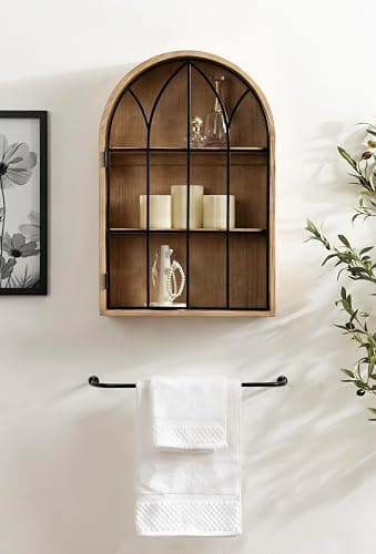 Kate and Laurel Megara Decorative Wooden Hanging Arched Wall Cabinet with Door for Open Storage; 16 x 5 x 24; Natural Wood and Black; Wooden Floating Wall Bathroom Cabinet for Above Toilet Storage thumbnail 4