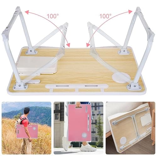 Laptop Bed Table, Laptop Desk for Bed, Foldable Laptop Bed Desk with USB Charge Port, Handle, Desktop Card Slot, Cup Slot, Side Drawer, Portable Laptop Table for Bed Eating Reading Working thumbnail 5