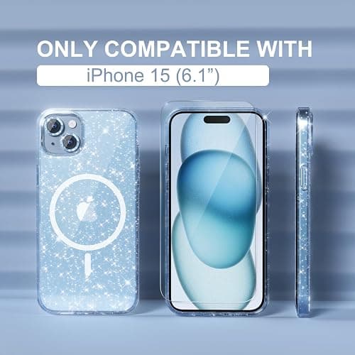 Choiche Compatible for iPhone 15 Case Magnetic, Women Clear Glitter Bling Sparkly Case, [2xDiamond Camera Lens Protectors] [2xTempered Glass Screen Protectors] [Compatible MagSafe] (Glitter Blue) thumbnail 2