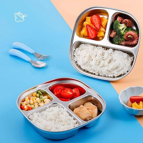 AIYoo Set of 2 Stainless Steel Dinner Plates 4 Sections Divided Platter Dinner Tray - Lightweight Metal Plate for Adults and Campers, Portion Control Bariatric Weight Loss and Diabetic Diet Plates thumbnail 2