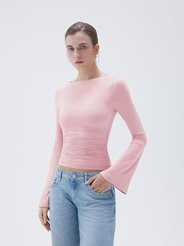 SUUKSESS Women Crew Neck Bell Sleeve Tops Double Lined Going Out Fitted Basic T Shirts thumbnail 3