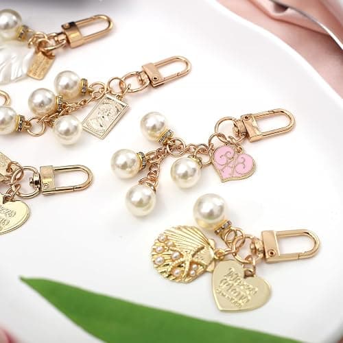 chihimoer 6Pcs Gold Ocean Shell Conch Heart Keychains Accessories for Women,Cute Car Keychain Charm with Pearl Tassel for Wallet and Purse and Bag thumbnail 5