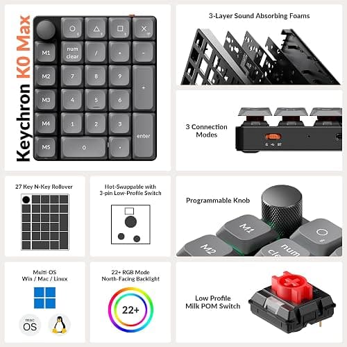 Keychron K0 Max Wireless Low-Profile Number Pad, QMK/VIA Programmable, Hot-Swappable Red Switch, RGB Backlit, 2.4GHz & Bluetooth 5.3, 1000Hz Polling Rate, with Knob, for Windows/Mac thumbnail 3
