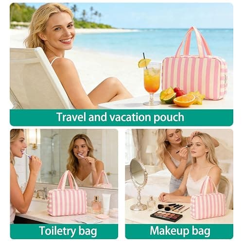 Apxouans Toiletry Bag for Women Travel Water-resistant Cosmetic Bag Fashion Stripes Makeup Bag with Hanging Hook Preppy for Store Toiletries Cosmetic Accessories Medium Pink thumbnail 6