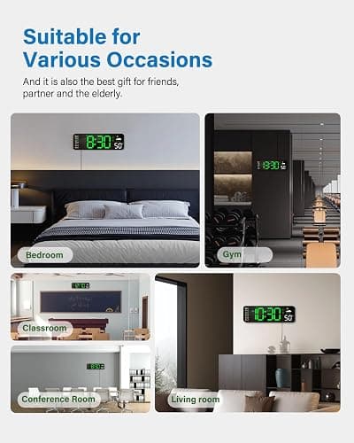Digital Wall Clock, Digital Clock Large Display with Remote Control, Corded LED Alarm Clocks with Date, Week, Temp, Humidity, Auto DST, Countdown, for Living Room Bedroom Classroom Office (Green) thumbnail 8